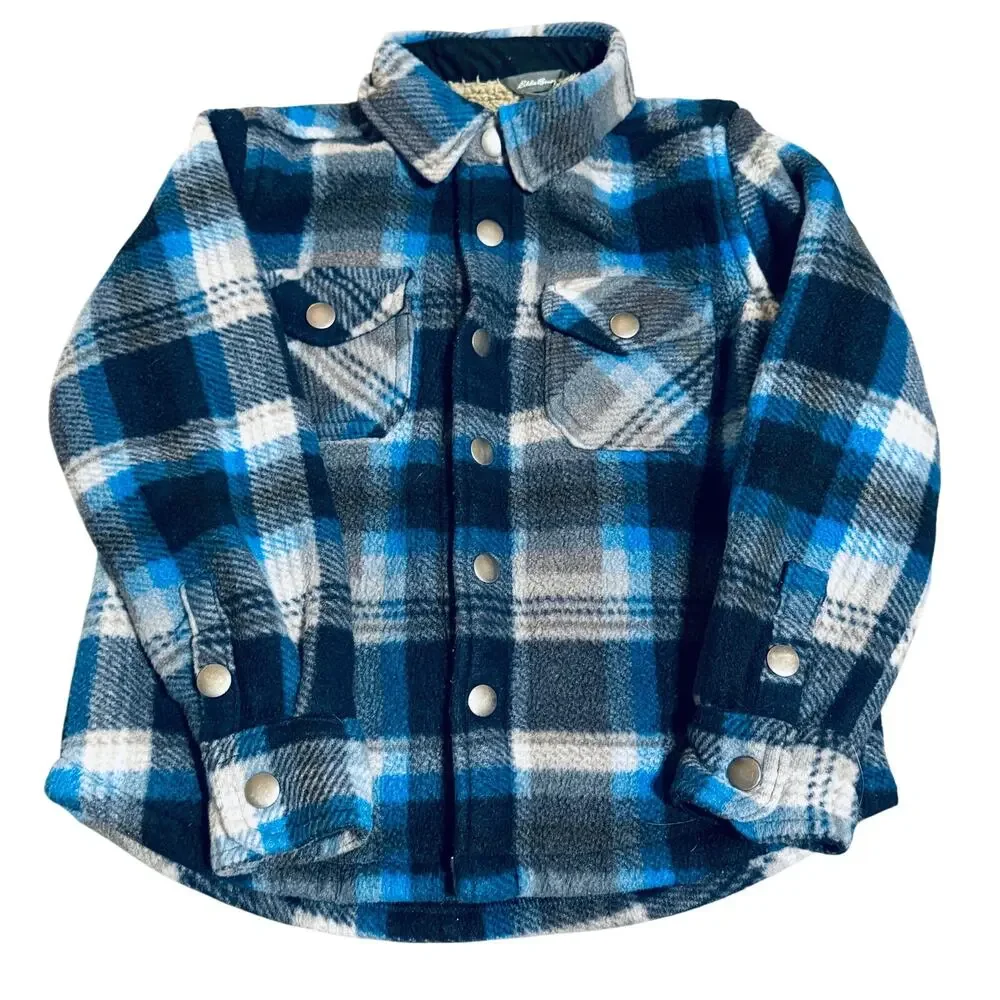 Eddie Bauer Size 4/5‎ Kids Toddler Blue Flannel Shacket Sherpa Lined Snap Button